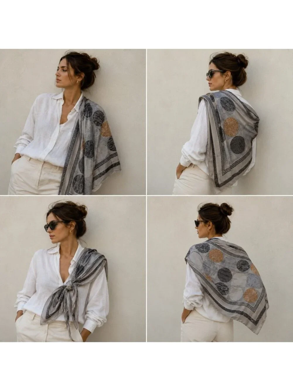Adrienne Vittadini 100% Silk Scarf 34x34 Gray Tan Geometric Circle Print